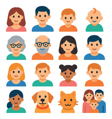 Family Members modern flat style. mother, father, child, baby, grandmother, grandfather, sibling, cousin, aunt, uncle, niece, nephew, guardian, pet dog, pet cat, family