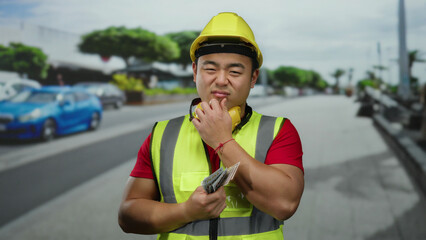 Man wearing safety vest and helmet stands thoughtful on city street holding cash in hand,...