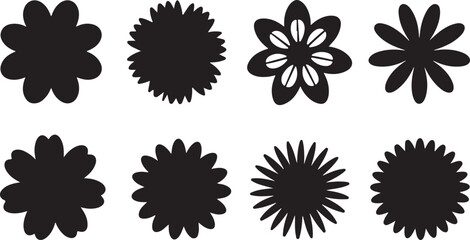 Eight black flower silhouettes simple vector shapes