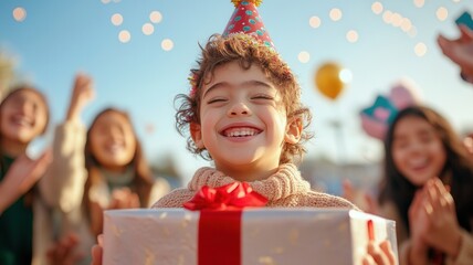 celebrating boy wearing party hat holding birthday gift while friends clapping hands Happy outdoors