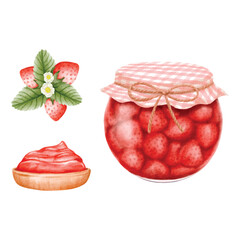 Watercolor Strawberry Jam Jar with Tart and Fresh Fruit vector illustration