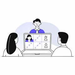 Illustration of virtual meeting video conference call online communication with chess game strategy discussion