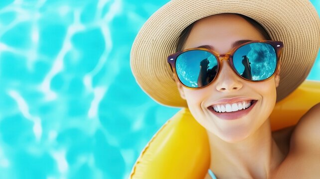 Young woman with sunglasses and pool hat smiling and relaxing in a swimming straw with inflatable ring