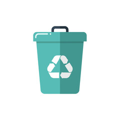 A turquoise recycling bin with a white recycling symbol is isolated on a white background.