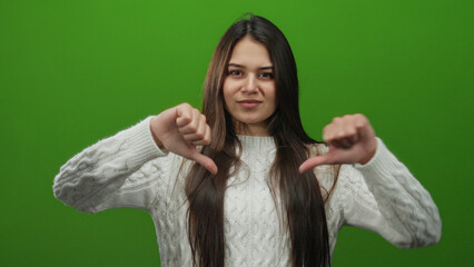 Woman expressing disapproval with thumbs down gesture in front of isolated green background wearing...