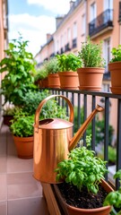 Balcony herb garden with watering can