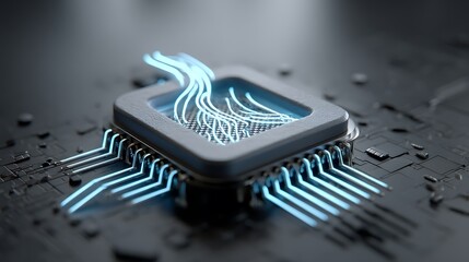 A high-tech processor chip with glowing blue energy lines pulsing through it, symbolizing the advancement of semiconductor technology and AI-driven processors.