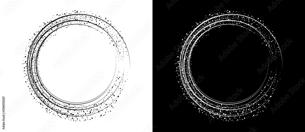 Poster Modern abstract background. Random dots around lines in circle with copy space. Vector frame, design element or icon. Black shape on a white background and the same white shape on the black side.