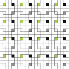 Grid of black squares on a white background, with small squares coloured in fluorescent green, grey, black and white