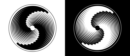 Abstract background with lines in circle. Art design spiral as logo or icon. A black figure on a white background and an equally white figure on the black side.