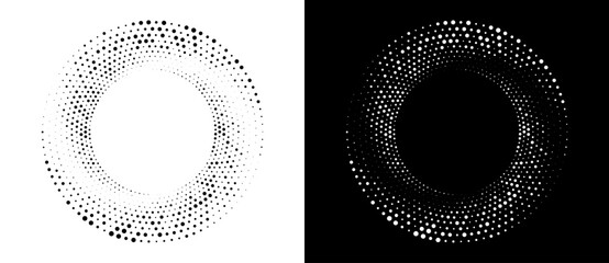 Modern abstract background. Halftone dots in circle form. Round logo. Vector dotted frame. Design element or icon, logo. Black shape on a white background and the same white shape on the black side.