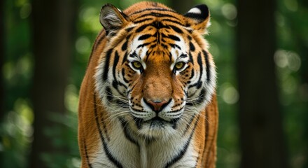 Obraz premium Intense Gaze: Striking Portrait of a Siberian Tiger in Lush Greenery