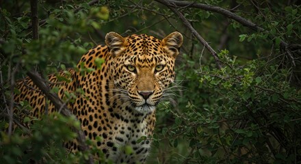 Fototapeta premium Hidden Leopard in Lush Green Savanna Bushes