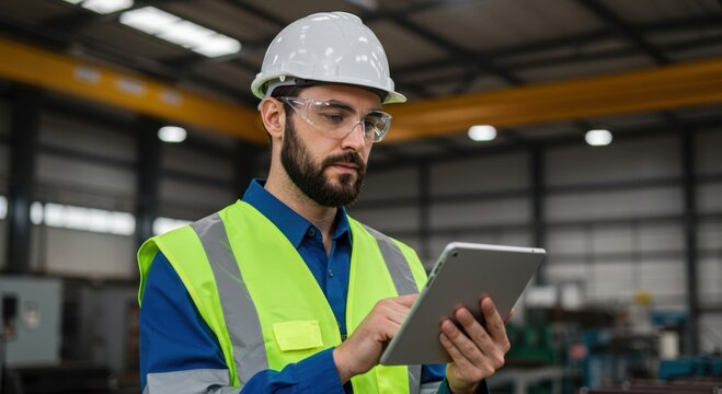Focused engineer wearing safety gear and hard hat uses tablet for project management in a modern industrial facility