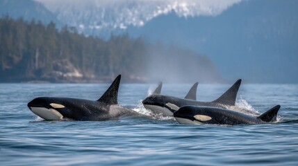 Fototapeta premium Orcas in a watery scene