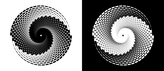 Abstract vector circle frame with rectangles as logo or emblem. Spiral design element or icon. Black shape on a white background and the same white shape on the black side.