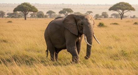 Obraz premium Majestic Elephant Strolling Through Golden Savannah Grassland, Tanzania, Africa