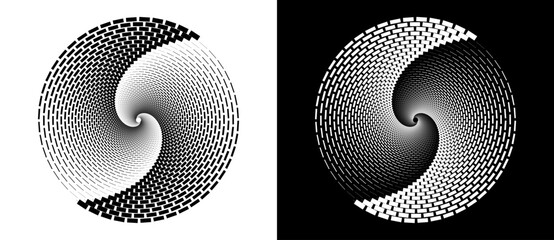 Abstract vector circle frame with rectangles as logo or emblem. Spiral design element or icon. Black shape on a white background and the same white shape on the black side.