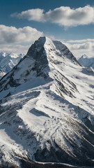 Photo of a snowcapped mountain peak under a partly cloudy sky
