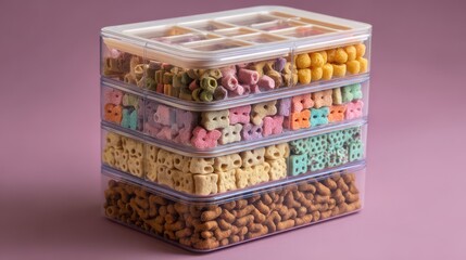 Obraz premium Layered Pet Food Storage Container with Colorful Treats.