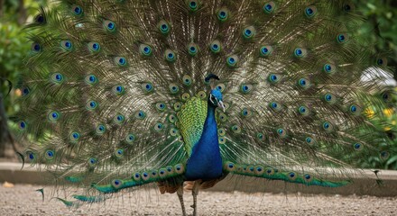Obraz premium Majestic Peacock Displays Vibrant Tail Feathers, Eye-Spots, and Rich Colors.