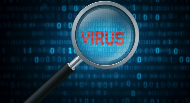 Virus Detection with Magnifying Glass on Digital Binary Background.