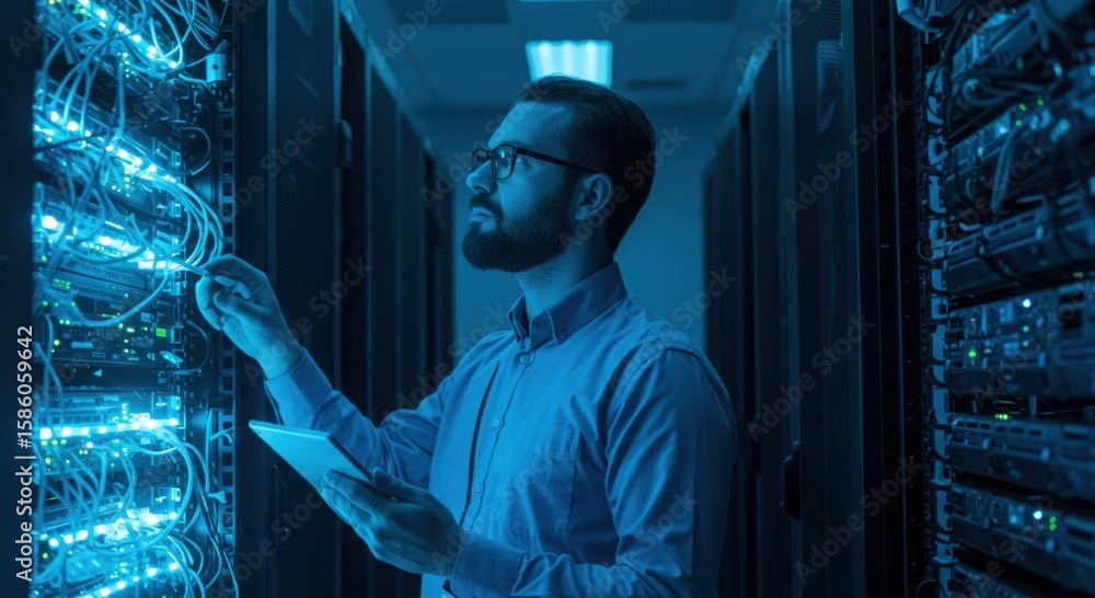 Poster technician with tablet inspects server rack cables and lights in a data center environment