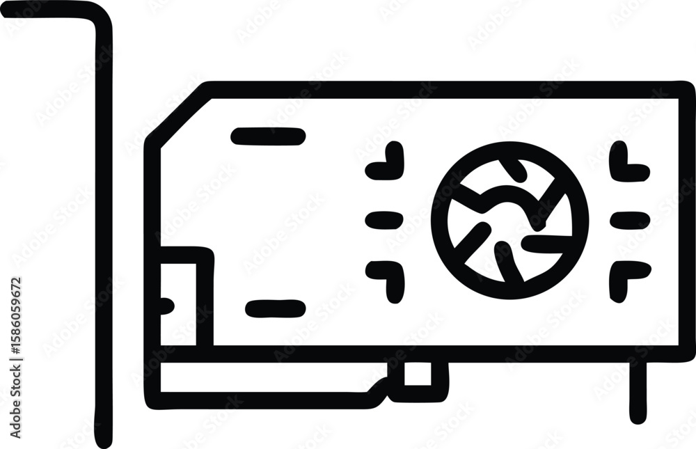 Poster simple line drawing of graphics card with cooling fan for computer systems