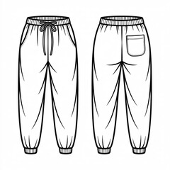 A technical fashion illustration of loose-fitting jogger-style pants shown in two views - front and back. The pants are drawn in a clean, minimalist line art style with no background.
