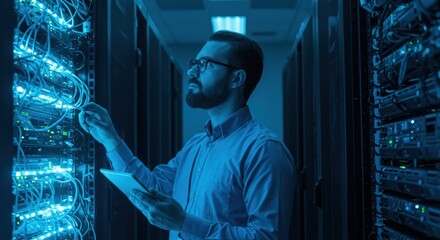 Technician with tablet inspects server rack cables and lights in a data center environment
