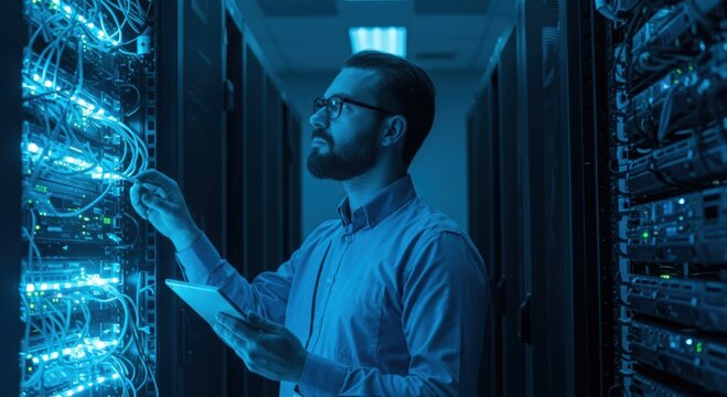 Technician with tablet inspects server rack cables and lights in a data center environment