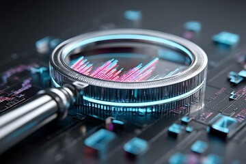 A high-tech SEO concept featuring a magnifying glass hovering over illuminated data, symbolizing the art of digital marketing analysis and optimization techniques.