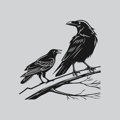 Obraz premium Two ravens perched on a branch, a captivating black and white illustration.
