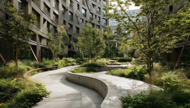 Urban courtyard, lush greenery, modern architecture - Powered by Adobe
