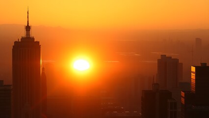 Obraz premium A serene sunset cityscape with golden hues, featuring distant urban silhouettes and a soft gradient sky.