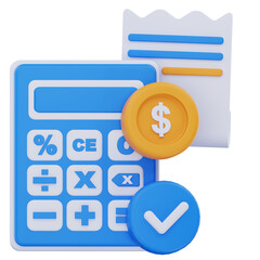 3D illustration of a calculator, receipt, dollar coin, and checkmark symbol, representing payment calculation, billing accuracy, and financial verification in a digital context.