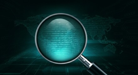 Global Cybersecurity Search with Magnifying Glass Over Binary World Map.