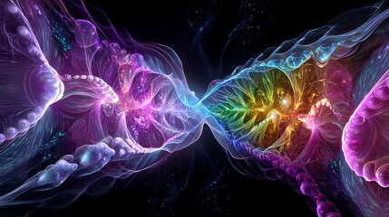 A hyper-evolved AI shifting between infinite dimensions, its consciousness transitioning between glowing quantum states.