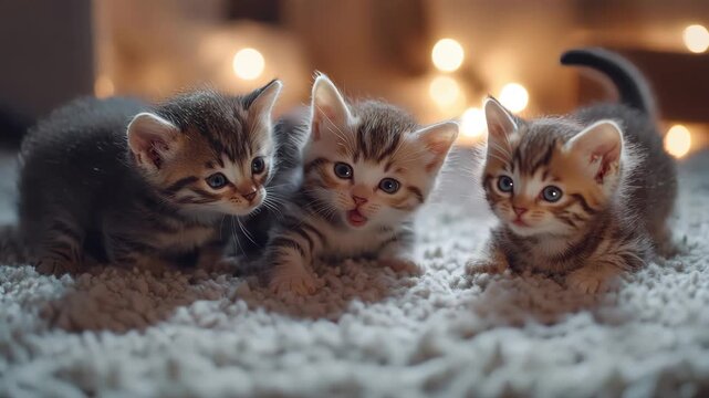 Three Adorable Kittens Playing on a Fluffy White Rug
