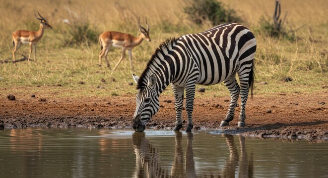 Zebra's Tranquil Drink: Reflection in African Watering Hole with Impalas
