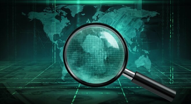 Global Cybersecurity Search with Magnifying Glass Over Binary World Map.