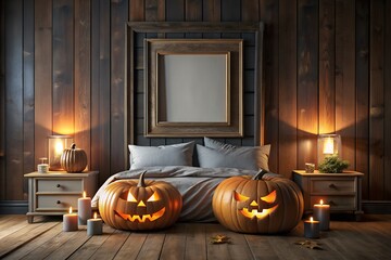 Obraz premium Two glowing jackolanterns sit on the floor in a cozy bedroom decorated for halloween