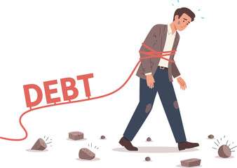 A man burdened by debt, tied and struggling to move forward.