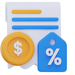 3D illustration of a receipt with a dollar coin and blue discount tag showing a percentage symbol, representing payment with promotional offers, deals, or financial discounts.