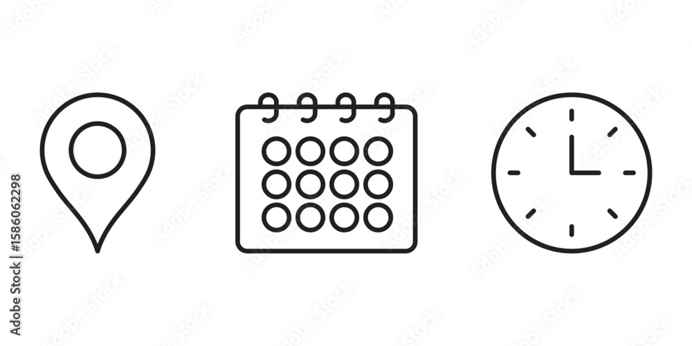 Poster time date address icons set. address location icon. stopwatch timer icon. date calendar icon. black 