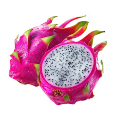 Exotic Dragon Fruit Duo: A vibrant depiction of two dragon fruits, one whole and the other halved to reveal its unique interior speckled with tiny black seeds. A feast for the eyes.