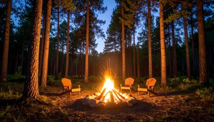 Campfire in a pine forest at dusk (1)