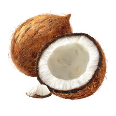 Coconut Halves: Fresh, whole coconut cut in half, revealing the white flesh and coconut water inside. A small piece of coconut is also shown beside.