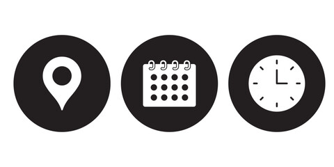 Time date address icons set. Address location icon. Stopwatch timer icon. Date Calendar icon. Black line and flat web icons. Collection of icons for location, date and time .  