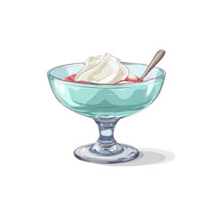 Sweet Delight in a Glass Bowl: A delectable treat in a clear glass bowl, featuring a dollop of creamy whipped topping atop a vibrant, fruity base, offering a refreshing taste.